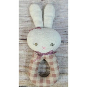 Alimrose Plush Bunny Baby Rattle Off White Dusty Rose Gingham Check 8"